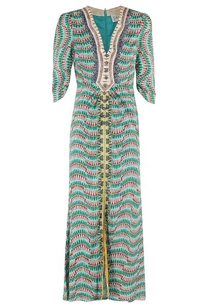 Saloni Mitsu Gathered Printed Silk Midi Dress In Green