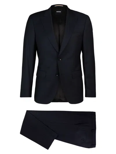 Hugo Boss Slim-fit Suit In Micro-patterned Virgin Wool In Dark Blue