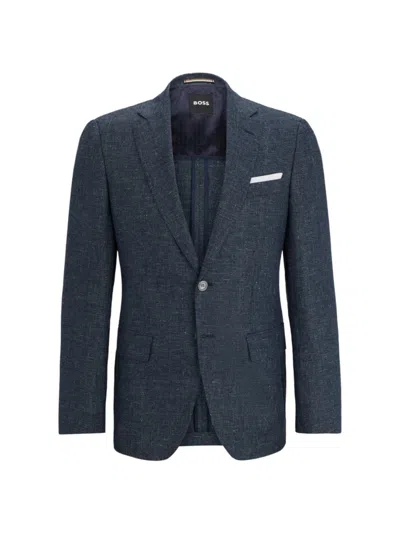 Hugo Boss Slim-fit Jacket In Patterned Virgin Wool And Linen In Dark Blue