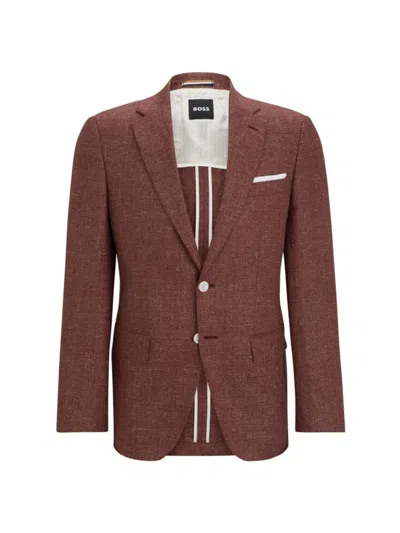 Hugo Boss Slim-fit Jacket In Patterned Virgin Wool And Linen In Light Brown