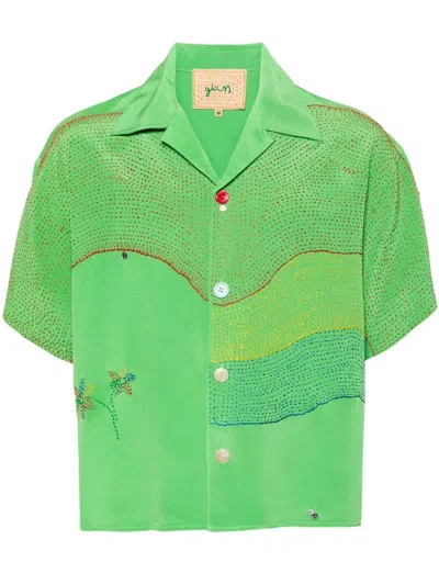Glass Cypress Curve-embroidered Silk Shirt In Green