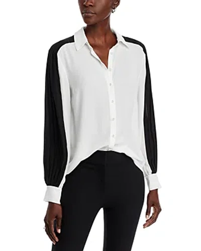T Tahari Women's Colourblocked Pleated-sleeve Button Front Top In White  Black