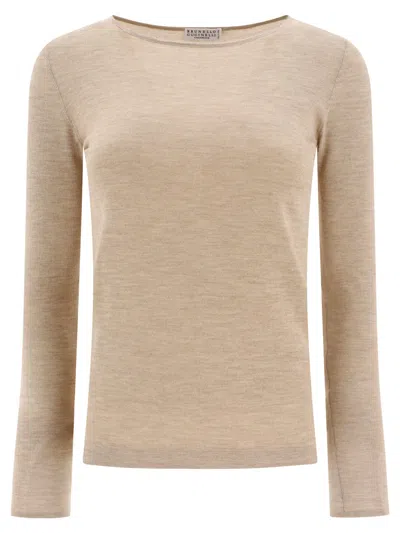 Brunello Cucinelli Cashmere And Silk Sparkling Lightweight Sweater In Beige