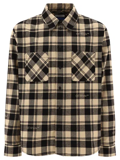 Off-white Logo-embroidered Checked Flannel Shirt In Beige