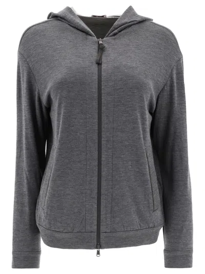 Brunello Cucinelli Cotton And Silk Sweatshirt With Monili In Grey