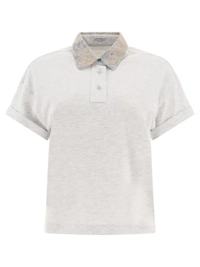 Brunello Cucinelli Sequin-collar Cotton Polo Shirt In Grey