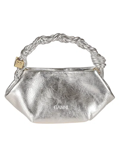 Ganni Twisted Handle Metallic Shoulder Bag In Silver