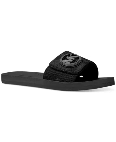 Michael Kors Michael  Women's Mk Charm Pool Slide Slip-on Flat Sandals In Black/black