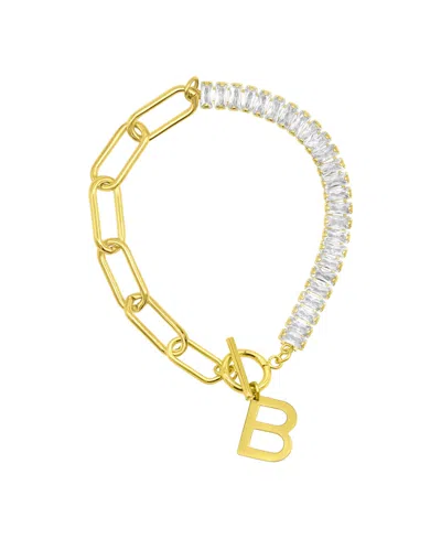 Adornia 14k Gold-plated Half Crystal And Half Paperclip Initial Toggle Bracelet In Gold- B