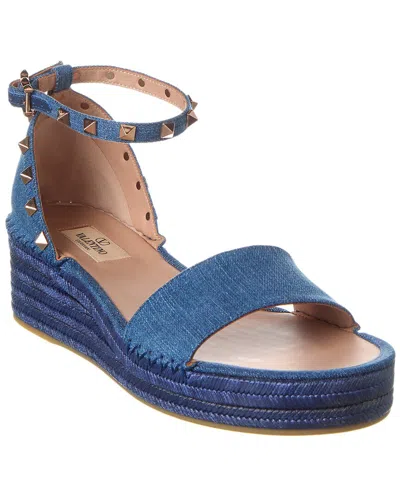 Valentino Garavani Rockstud Denim Wedge Espadrille Sandals In Blue