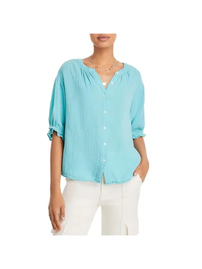 Velvet By Graham & Spencer Womens 100% Cotton Elbow Sleeves Button-down Top In Blue