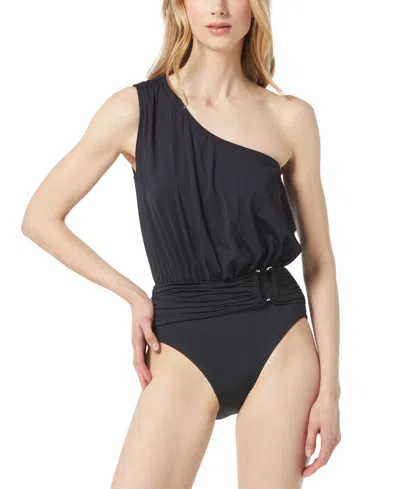 Michael Kors Michael  Women's One-shoulder Blouson One-piece Swimsuit In Black