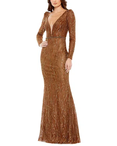 Mac Duggal Embellished Plunge Trumpet Gown In Gold