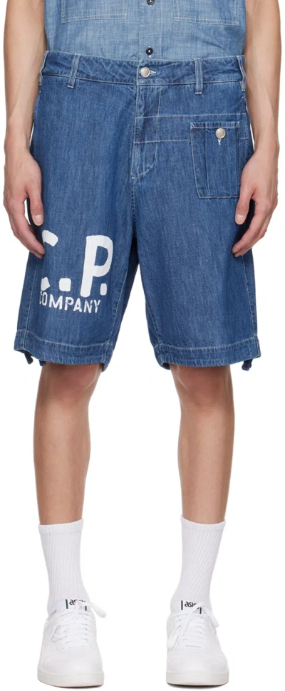 C.p. Company Jeans-shorts Mit Logo-print In Blue