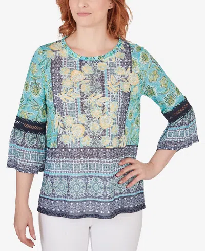 Ruby Rd. Plus Size Bohemian Floral Medallion Flounce Sleeve Top In Aruba Blue Multi