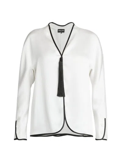 Giorgio Armani Tassel Silk Blouse With Contrast Tipping In White