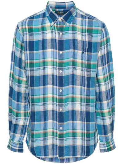 Polo Ralph Lauren Camicia In Lino Scozzese Custom-fit In Blue