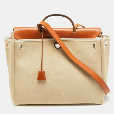 Pre-owned Hermes Tan/beige Canvas And Leather 2 In 1 Herbag 39 Bag
