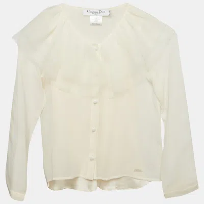 Pre-owned Dior Cream Tulle Ruffle Detail Long Sleeve Silk Blouse 8 Yrs