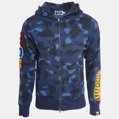 Pre-owned A Bathing Ape Navy Blue Camou Print Shark Embroidered Zip Up Jacket M