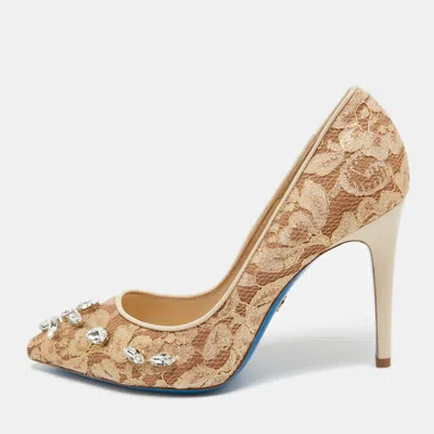Pre-owned Loriblu Bijoux Gold Lace Crystals Embellished Pumps Size 38.5