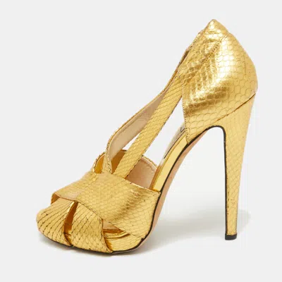 Pre-owned Moschino Gold Snakeskin Embossed Leather Strappy Peep Toe Pumps Size 40