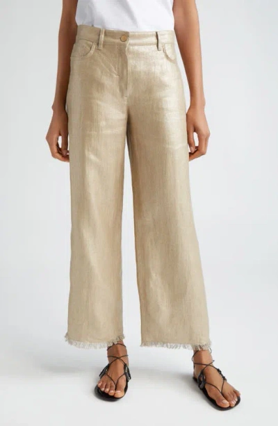 Max Mara Bouquet Foiled Linen Straight-leg Ankle Pants In Gold