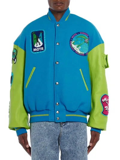 Members Of The Rage Men's Wool & Leather Patch Varsity Jacket In Turquoise Acid Lime