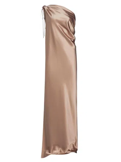 Max Mara Draped Silk Satin One Shoulder Dress In Brown