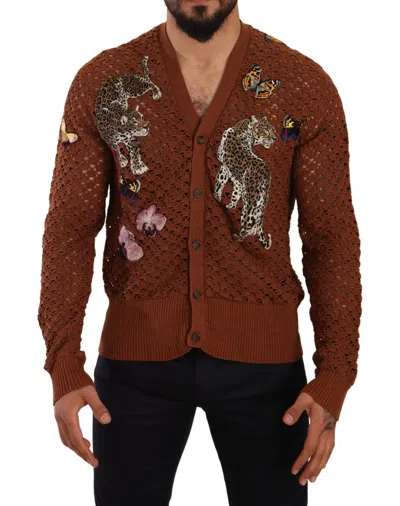 Dolce & Gabbana Refined Elegance Multicolor Embroidered Men's Cardigan In Brown