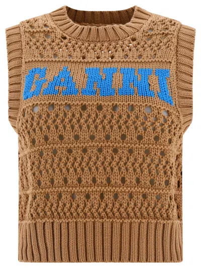 Ganni Logo Vest Gilet Beige In Brown