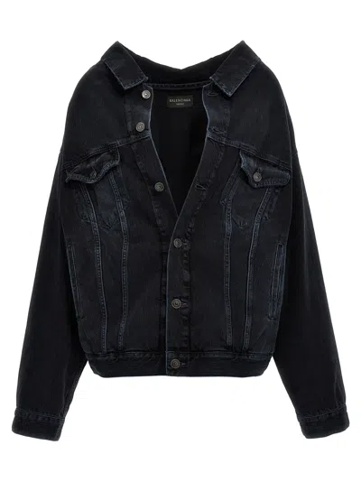 Balenciaga Off-shoulder Denim Jacket Casual Jackets, Parka Blue In Black