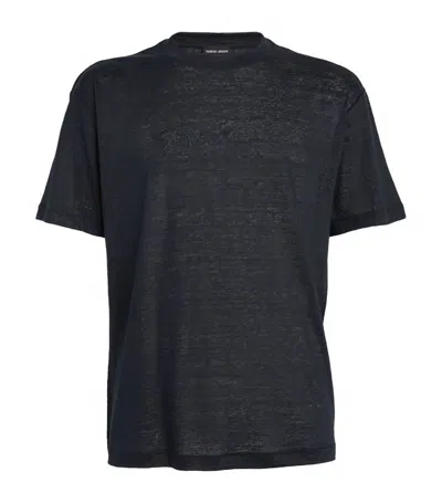 Giorgio Armani Linen Jersey Embroidered Logo T-shirt In Navy