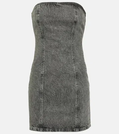 Rotate Birger Christensen Embellished Cotton Denim Mini Dress In Grey Denim