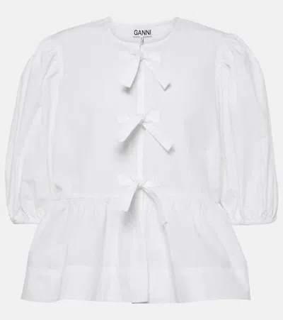 Ganni Poplin Front-tie Peplum Blouse With Puffed-sleeves In White