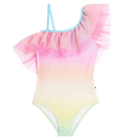 Molo Kids' Nilla Asymmetric Ruffled Swimsuit In 粉色