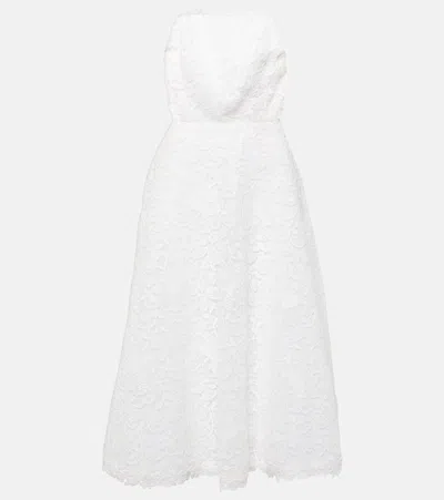 Carolina Herrera Strapless Floral Lace Midi Dress In White