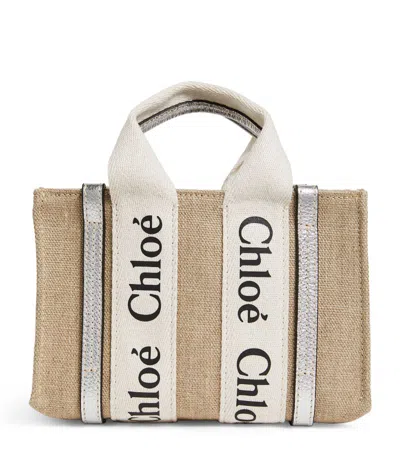 Chloé Mini Canvas Woody Tote Bag In Silver