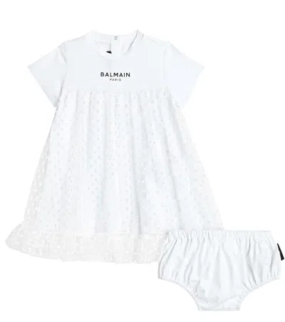 Balmain Babies' Polka-dot Jersey And Tulle Dress And Bloomers Set In White