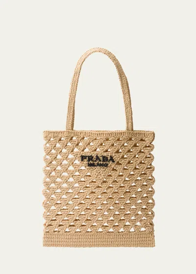 Prada Logo Crochet Tote Bag In Neutral
