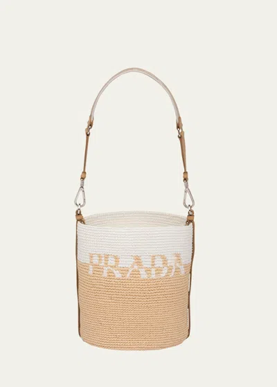 Prada Raffia And Leather Mini Bucket Bag In Tan/white