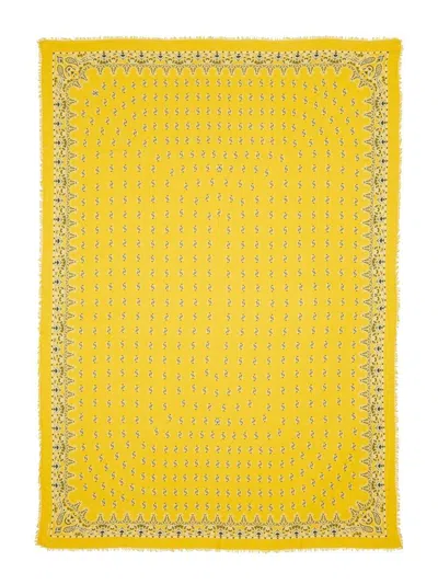 Saint Laurent Paisley Printed Frayed Edge Scarf In Yellow