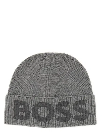 Hugo Boss Knit Hat With Logo In Grey