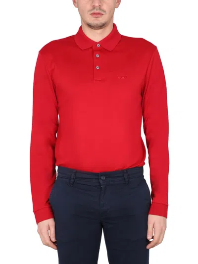 Hugo Boss Polo With Logo Embroidery In Red