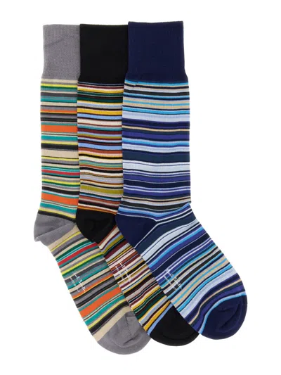 Paul Smith Three-pack Multicolor Signature Stripe Socks In Grey