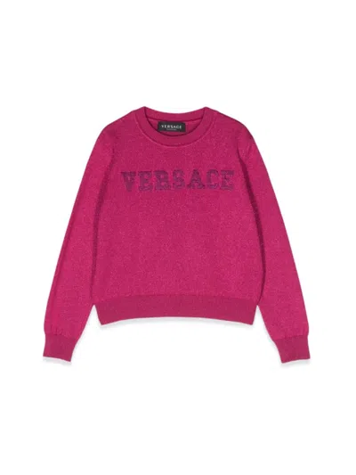 Versace Kids' Crew Neck Pullover With Embroidered Logo In Pink