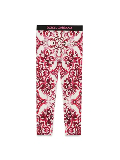 Dolce & Gabbana Kids' Majolica Print Cotton Leggings In Red