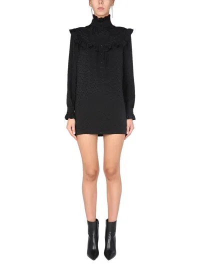 Saint Laurent High Neck Long-sleeved Mini Dress In Black