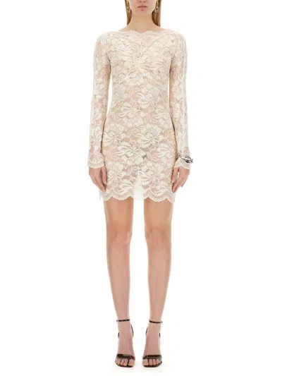 Paco Rabanne Scallop Hem Floral Lace Mini Dress In Ivory