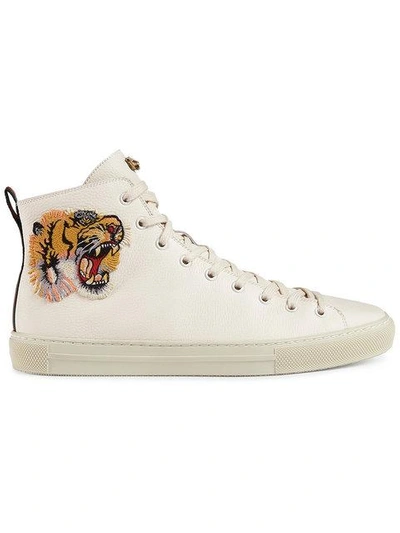 Gucci Trainers Majior Lace-up High Trainer With Web Band And Angry Cat Embroidery In Cream